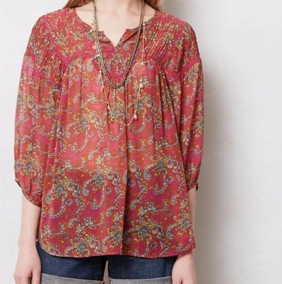Anthropologie Lil Clara Peasant Blouse Women S M Pink Orange Paisley Floral