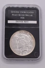 1926-D Peace Dollar 90% Silver Denver Mint, PCS Danbury Holder, Nice Example (v)
