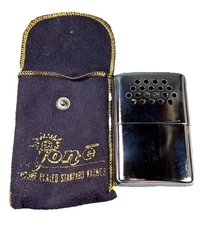 Vtg JON-E Pocket Hand Warmer Metal Compact Pocket Lighter W/ Purple Pouch