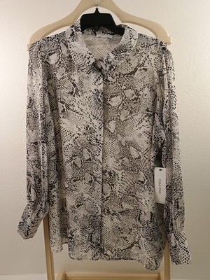 Calvin Klein Women's Black Long Sleeve Blouse Snakeskin Plus Size 1X sheer lined