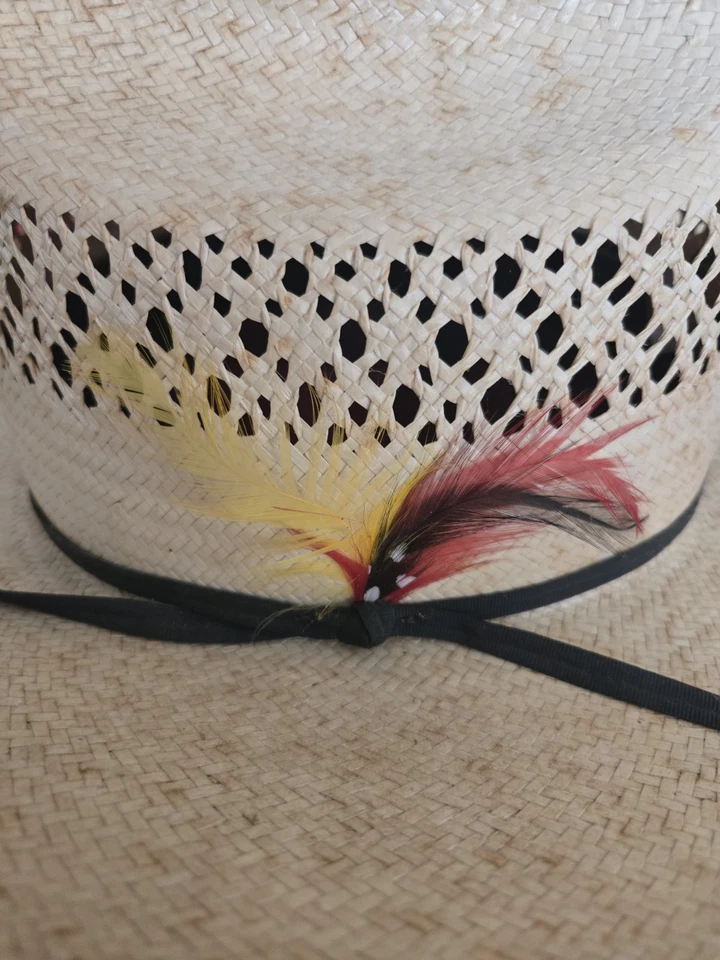 Chapéu de cowboy vintage STETSON palha ~ Tamanho 67/8 com penas vermelhas, amarelas e pretas 🪶  - Imagem 3 de 4