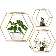 Wall Mounted Hexagonal Floating Shelves Set of 3 in Different Sizes, Modern