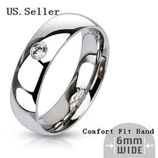 SIMPLE SINGLE C.Z. 6MM STAINLESS STEEL HIGH POLISHED WEDDING BAND RING Size5-13