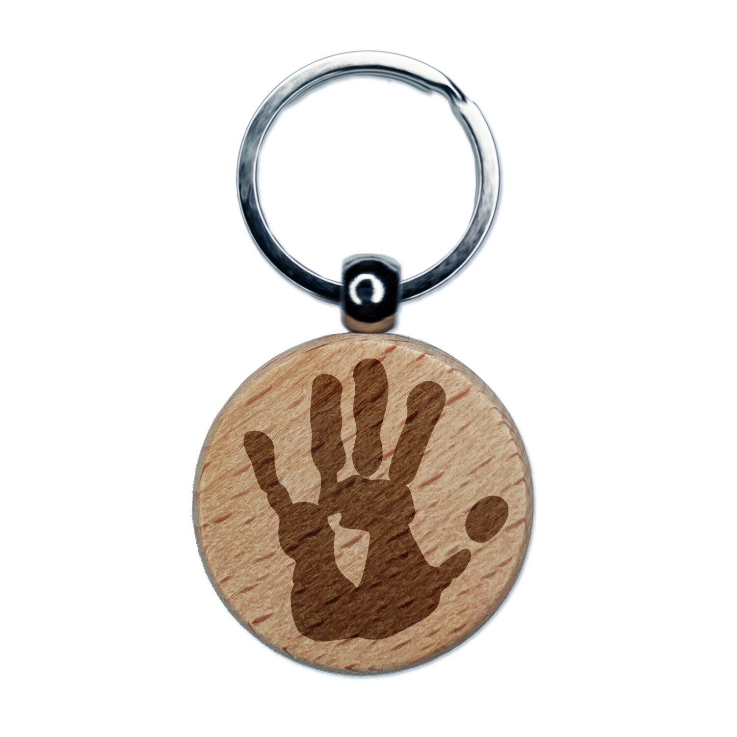 Left Hand Print Engraved Wood Round Keychain Tag Charm