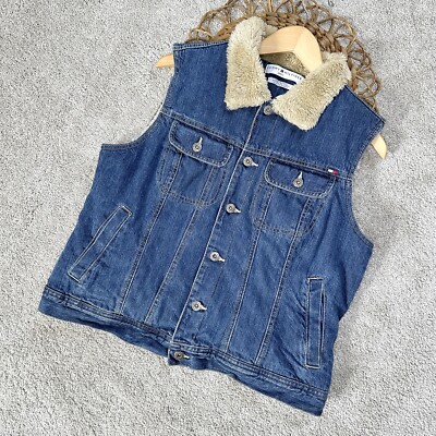 Tommy Hilfiger Fur Lined Sherpa Denim Blue Jean Vest Western Y2K Vintage  Size L