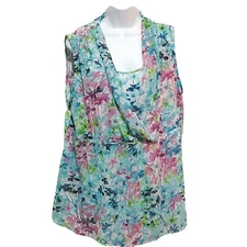 Womens Shell Top XL Gauzy Over Lay Blue Floral Sleeveless Empire Waist