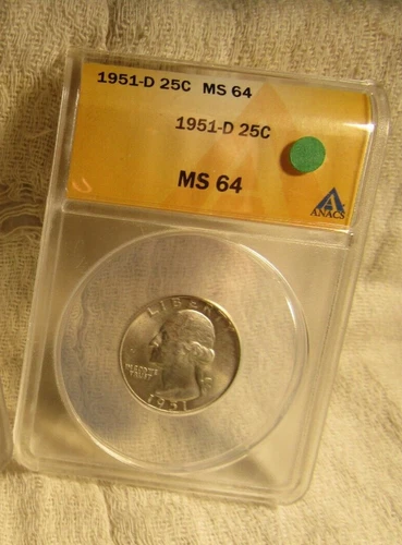 1951-D U.S. SILVER WASHINGTON 25 Cents..ANAC  CERT.  MS64..