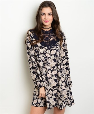 美品】Lace Trimmed Floral Dress - navy / M 美品】Lace Trimmed Floral Dress - navy / M