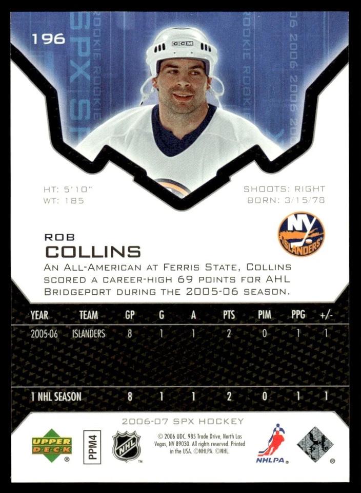 2006-07 SPx ROOKIE Rob Collins Rookie 0809/1999 New York Islanders #196 - Image 2 of 2