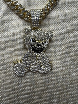 Hip Hop Iced Teddy Bear Pendant Necklace Gold Tone Cuban Link Bling 17 