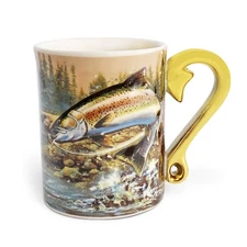 Rivers Edge Products 3D Ceramic Coffee Mug Handle 15 Ounce Fishing Rainbow Trout
