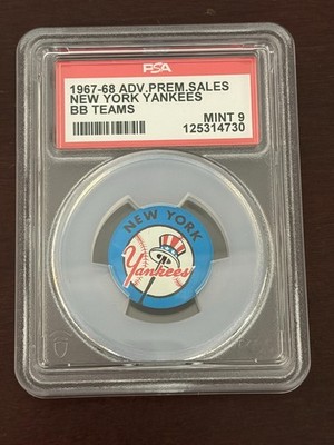 PSA 9 YANKEES NY TEAM LOGO PIN 1967-68 PREMIUM SALES PINBACK GRADED mint Mantle