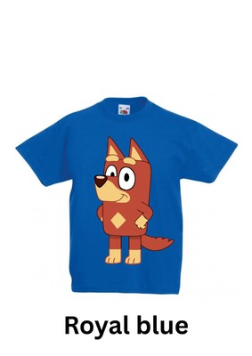 Bluey Figur Rusty Kinder T-Shirt in verschiedenen Größen und Farben.