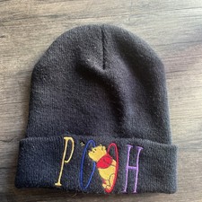 Vintage 90s Disney Winnie The Pooh Bear Embroidery Winter Cuff Beanie Hat Black