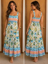Farm Rio Print Tropical Parrot Floral Resort Vacation Beachy Maxi Dress XXS