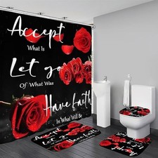 4 Pcs Red Rose Shower Curtain Sets Non-Slip Rugs Bath Mat Red Blessing Rose