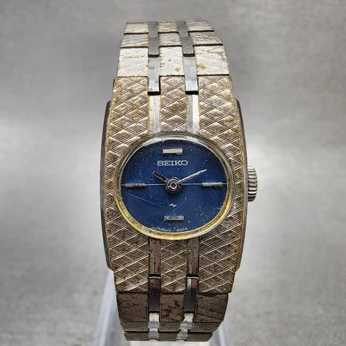 Seiko Watch Women 18mm Blue Dial Silver Tone Rectangle Manual Wind Runs VTG