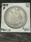 AU+ 1877-P Silver TRADE DOLLAR. Just light even wear.