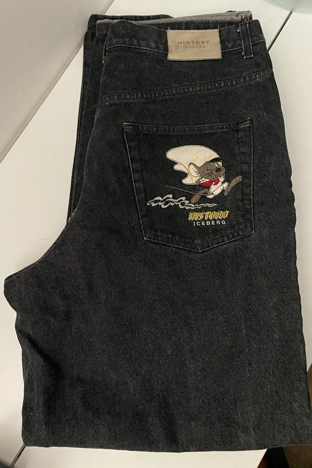 VTG Iceberg History Jeans Mens 38x35 Black Y2K Speedy Gonzalez Embroidered Baggy - Image 2 of 4