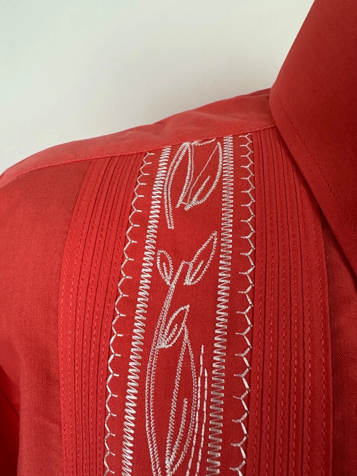 Guayabera 衬衫男式大号橙色全拉链刺绣古巴婚礼 Haband 全新无标签 — 第 4/4 张图片
