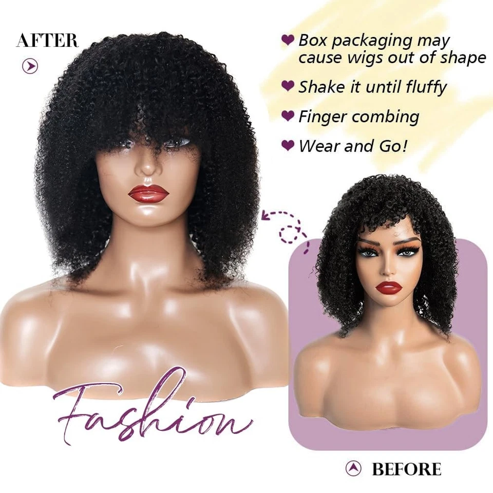 Curly Wig Afro Curly Human Hair Wigs for Women Afro Kinky Curly Wig With Bangs - Image 4 of 4