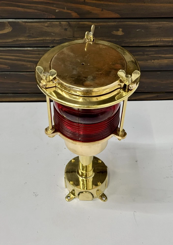 Old Brass Electric Marine Lamp | Restored Nautical Cargo Ship Light - Red Glass - Image 3 of 4