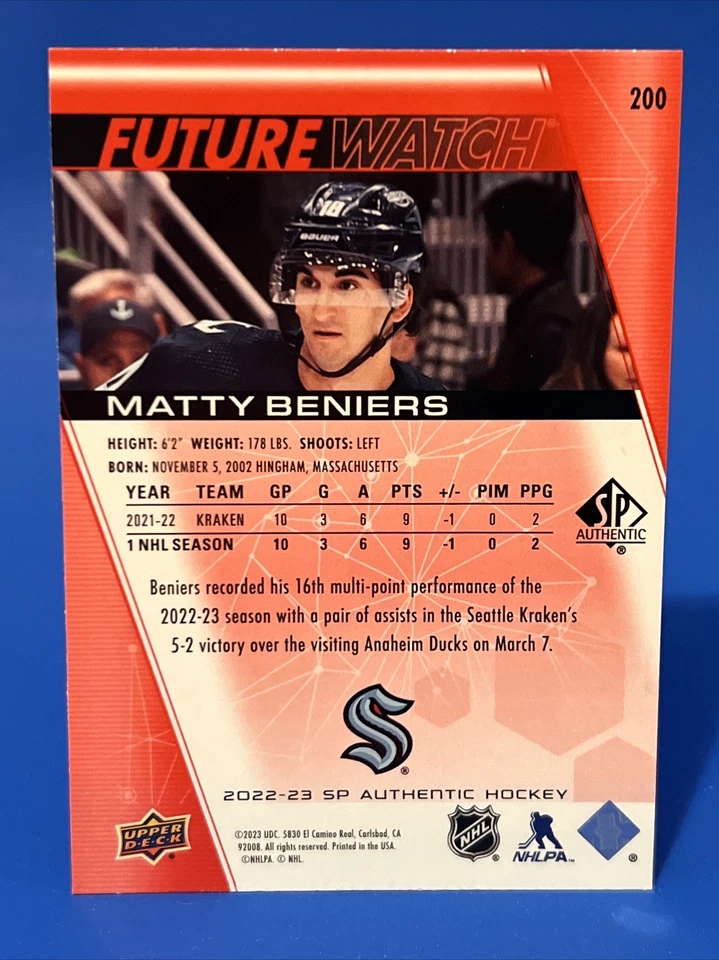 2022-23 SP Authentic Matty Beniers Limited Red Future Watch Rookie Card #200 - Image 2 of 2