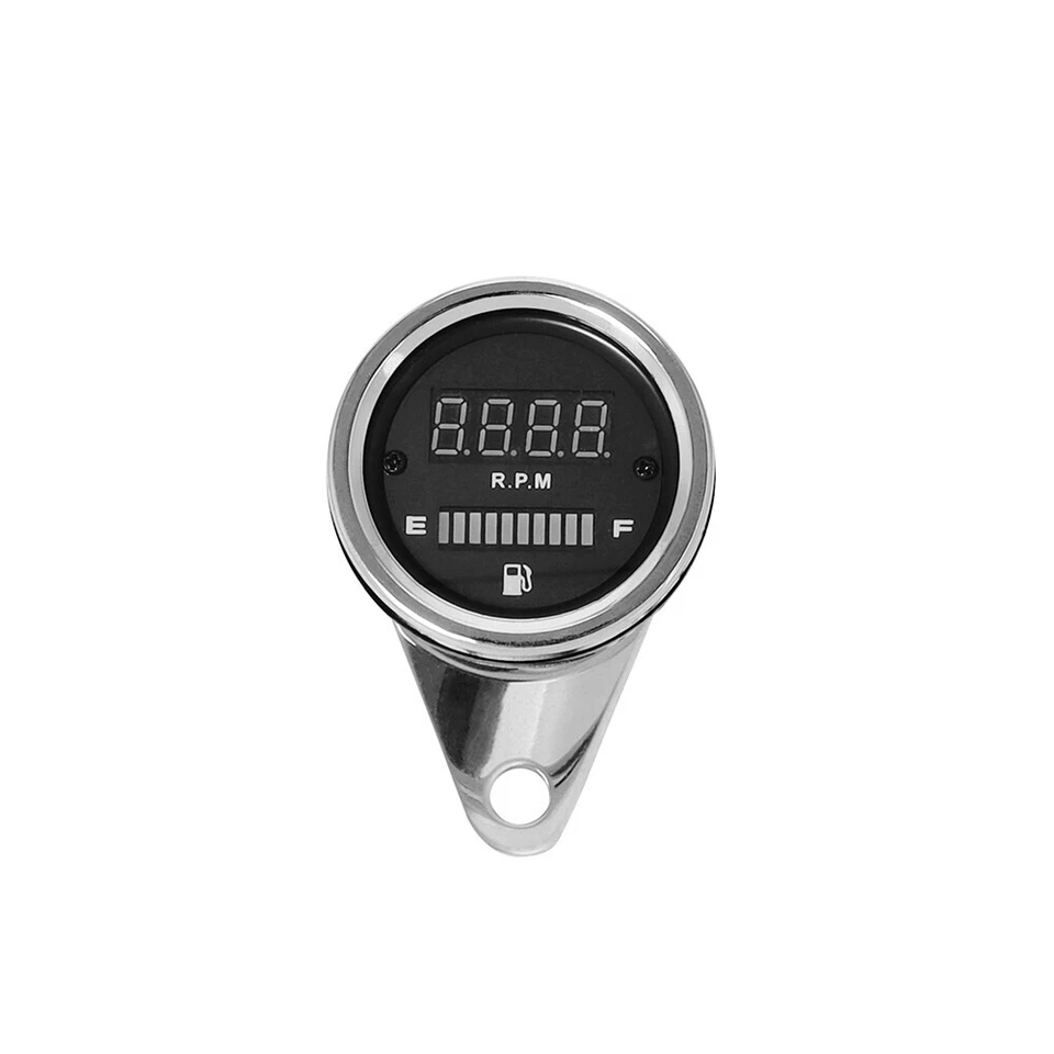 12V Universal 2 In 1 Motorcycle LED Digital Tachometer Gas Fuel Gauge RPM Chrome — 第 2/4 张图片