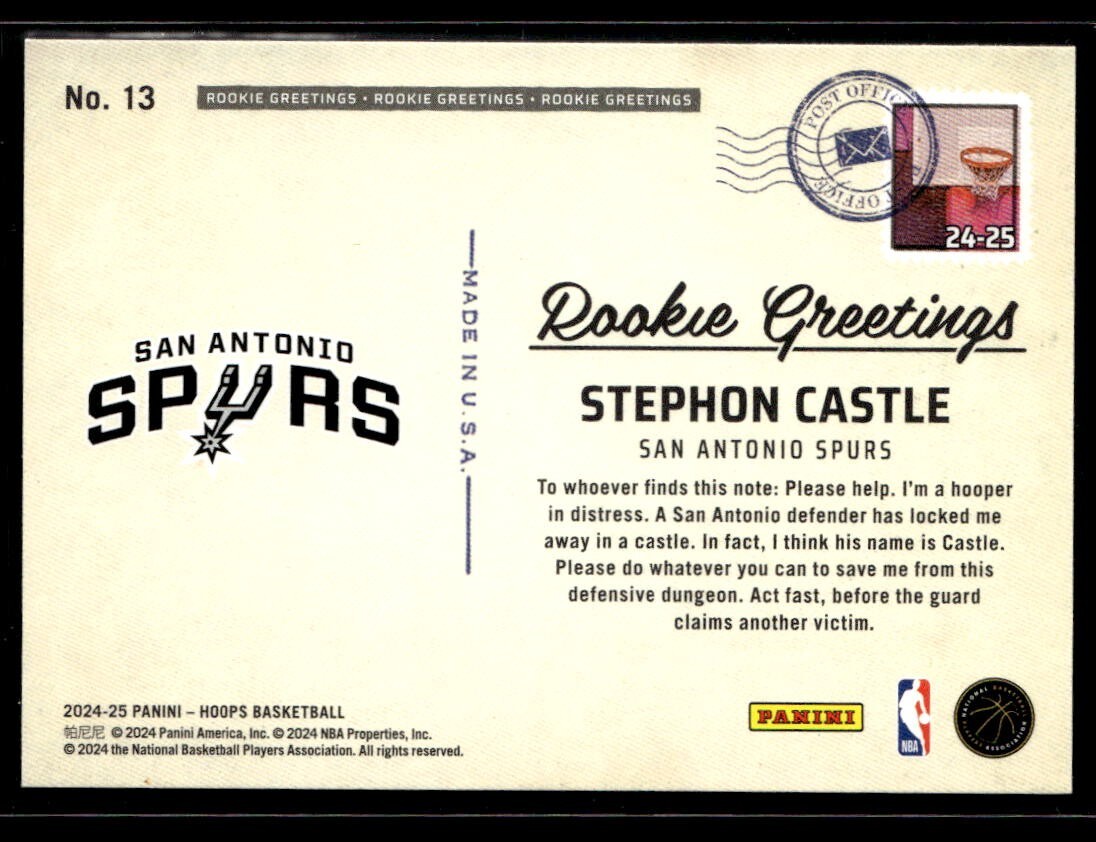 2024-25 Panini NBA Hoops Stephon Castle Rookie Greetings RC #13