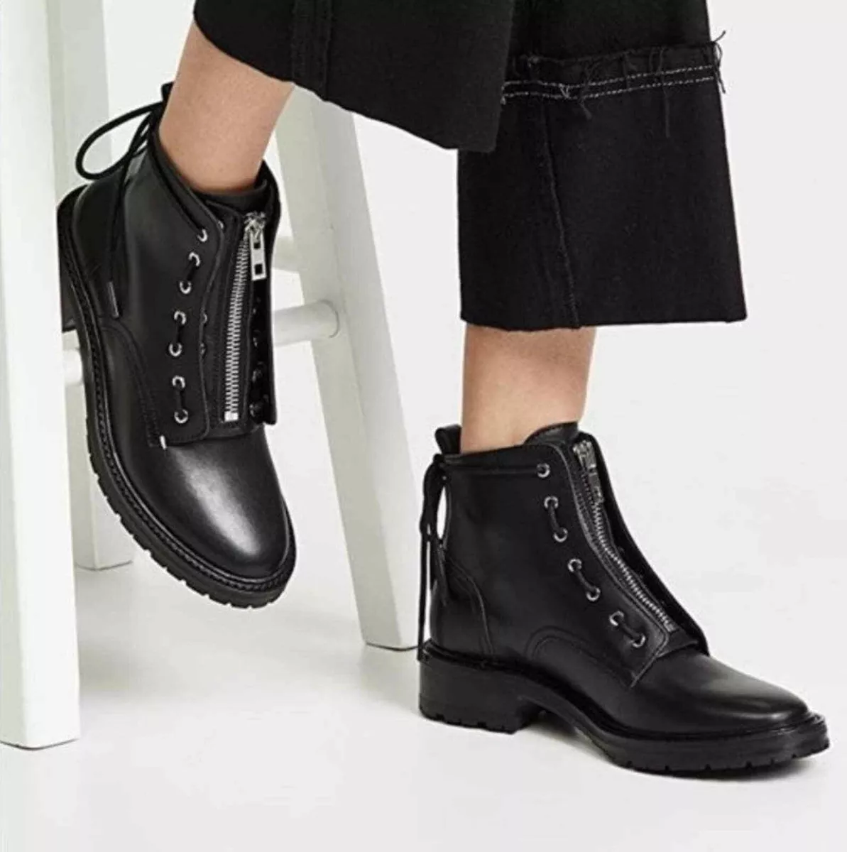 RAG BONE Cannon Combat Zipper Boots in Black Leather NEW Size 41