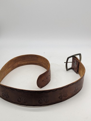Vtg Hand Tooled Leather Belt Cowboy Weight Scale 33" Removable Buckle - Picture 4 of 8