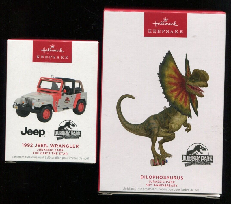 2023 Hallmark Ornament - DILOPHOSAURUS + 1992 JEEP WRANGLER - Jurassic Park  NIB