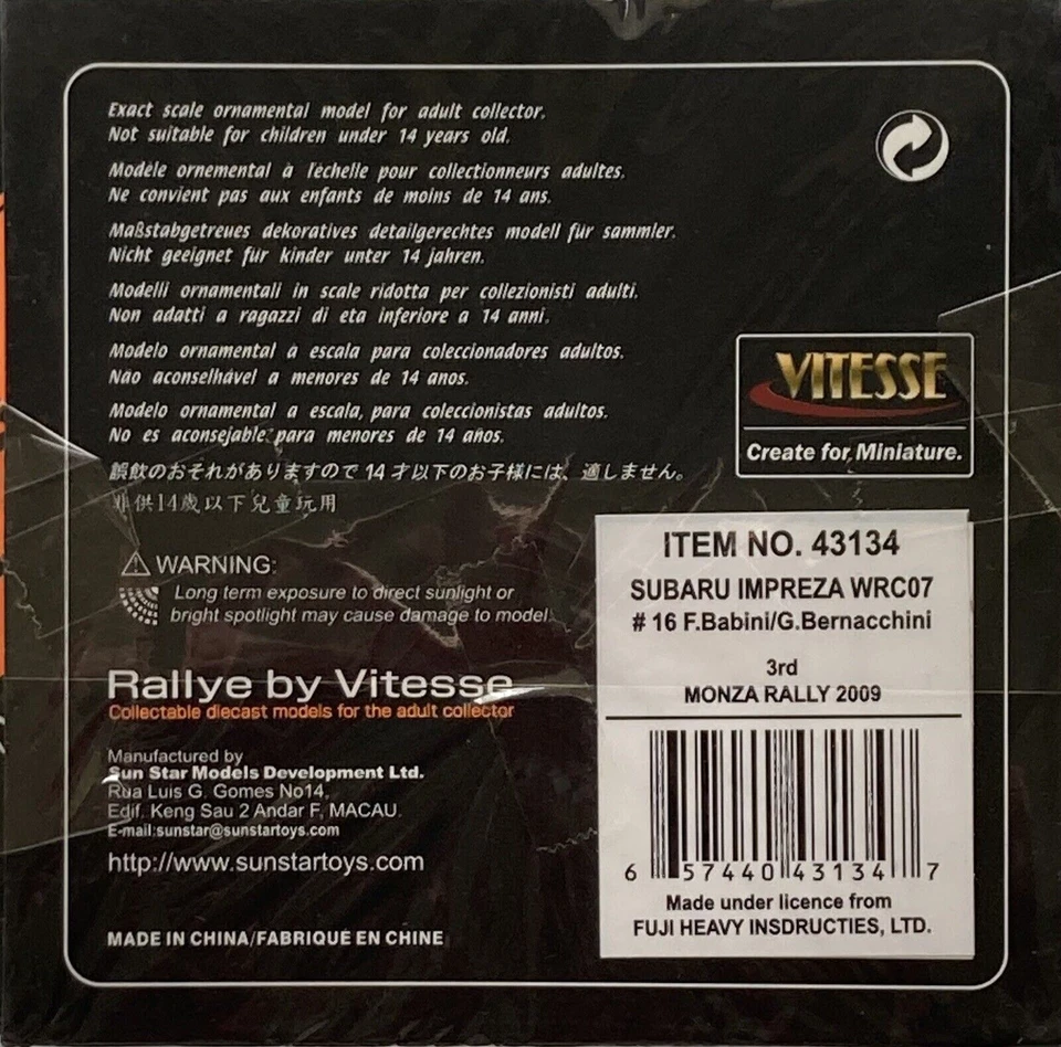 1/43 Vitesse 43134 L/E Subaru Impreza WRC07 2009 Monza #16 Bambini & Bernacchini - Изображение 3 из 4