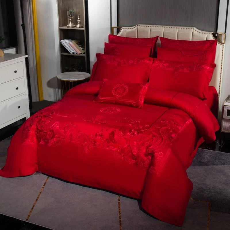 Chinese Wedding Red Bedding Set 6pcs Quilt Cover Flat Sheet 4 Pillow Shames Set - Image 3 of 4
