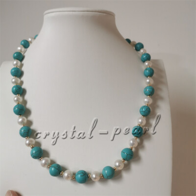 18'' 20'' Natural AAAA Akoya White Round Pearl Turquoise Necklace 14k Gold