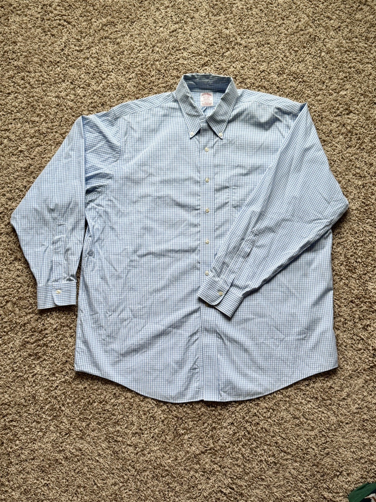 Brooks Brother RELAXED FIT Cotton Check Blue/White Shirt 17.5 35 Mens XL Prep