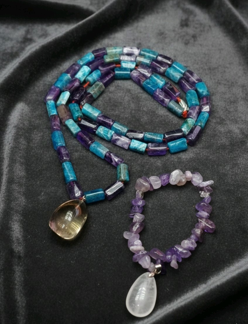 Luxury necklace Australian Amethyst with Smoky Quartz /Apatite /silver 117G