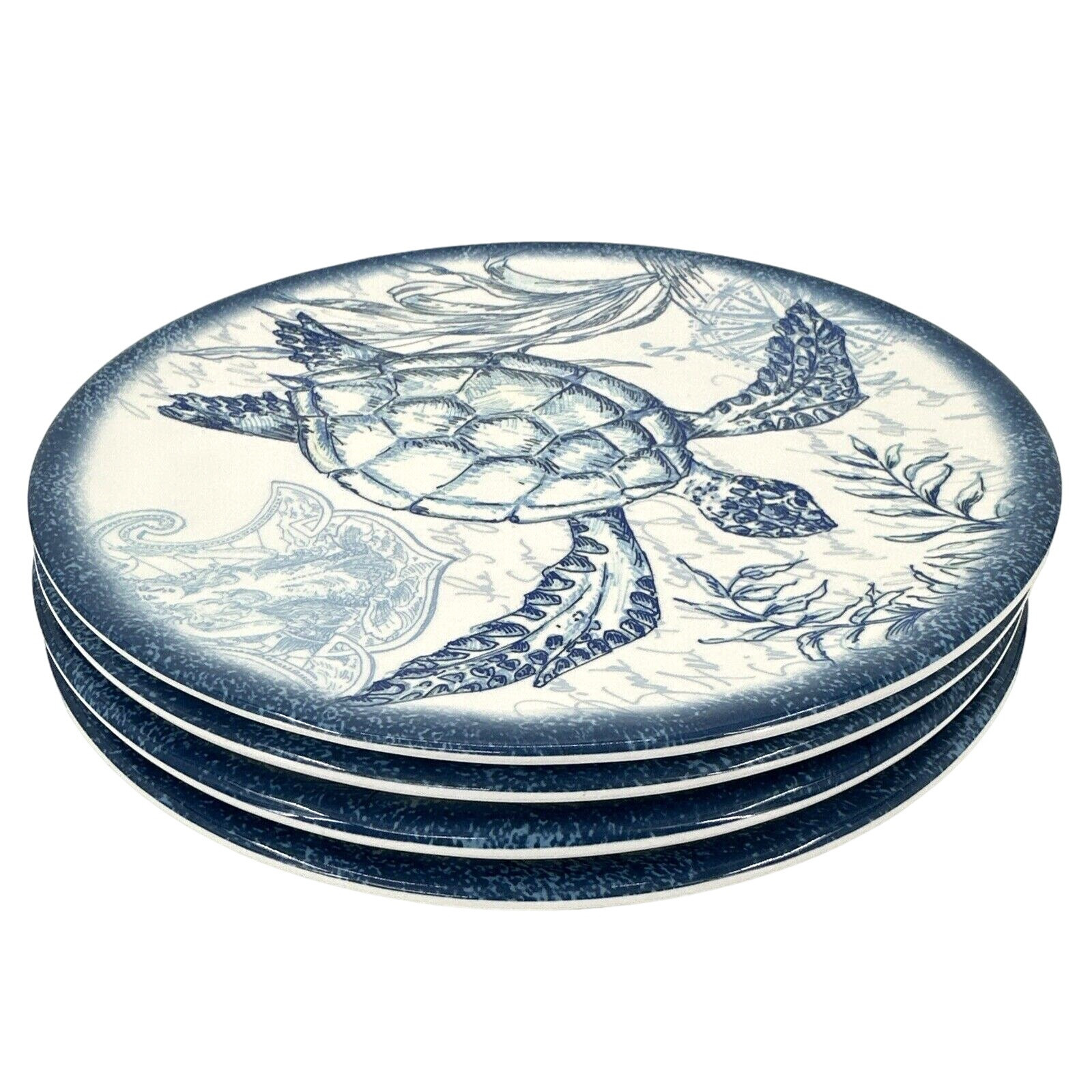 Set of 4 Blue White Coastal Turtle Melamine Lunch Plates by Certified International