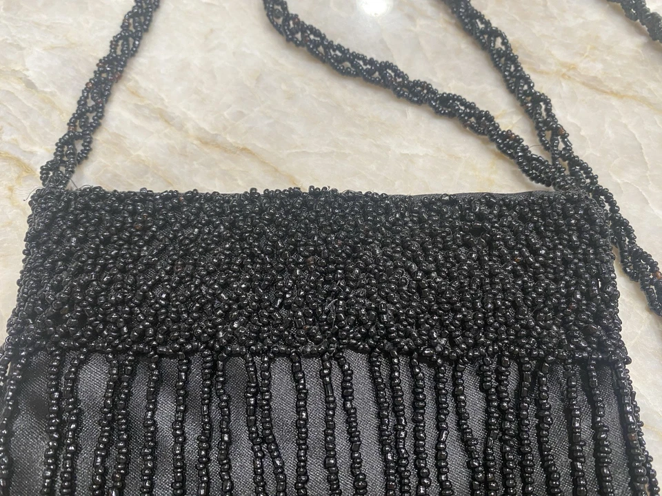 Evening Bag Black Fringed Glass Beads Flapper Girl  Halloween Costume Accessory - Image 3 of 4