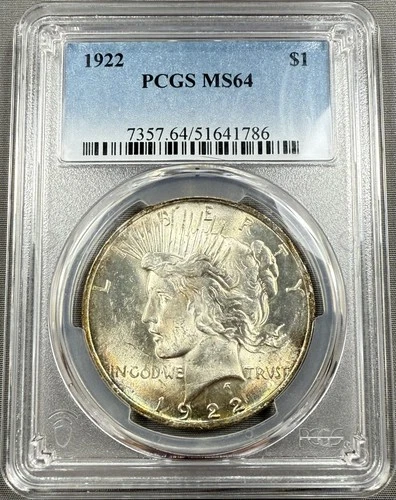 1922 Peace Dollar $1 - PCGS MS64 - Light Rainbow Toned
