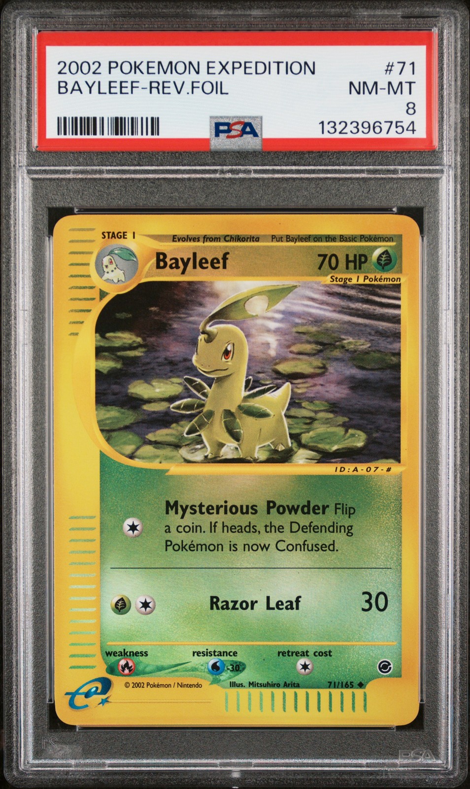 2002 POKEMON EXPEDITION #71 BAYLEEF-REVERSE FOIL PSA 8