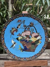 Plat Émaux Cloisonnés Oiseau Cerisier en Fleurs Japon Meiji Antique Enamel Japan