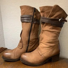 Miz Mooz Skip Heel Brown Leather Boots Mid Calf Biker Women Sz 40 US 9/9.5 EUC