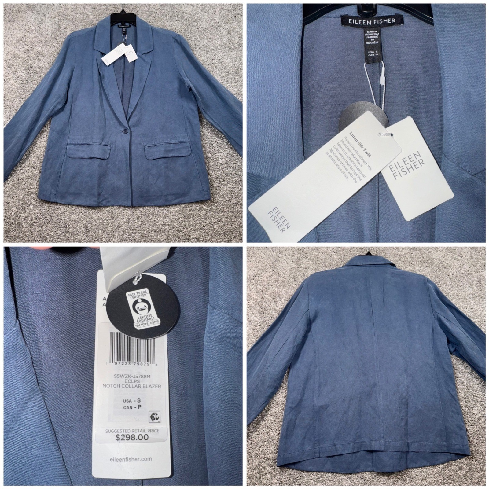 EILEEN FISHER Linen Silk Twill Notch Lapel Long Sleeve Blazer Blue Size S NEW
