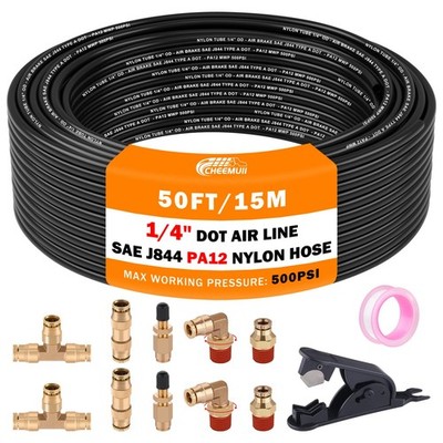 CheeMuii 50FT 1/4 DOT Air Line with 10 Pcs Brass Fittings Kit for Air Bags