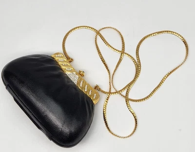 Vintage Judith Leiber Style Black Leather Clutch Crossbody Handbag Purse - Image 1 of 4