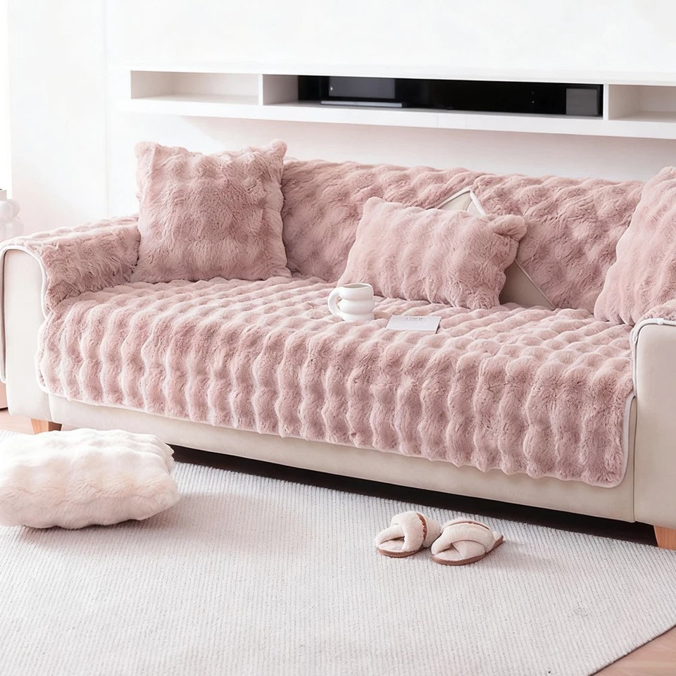 Thick Faux Rabbit Fur Knitted Sofa Cover, Soft and Warm Couch Cover for Winter  - Image 2 of 4