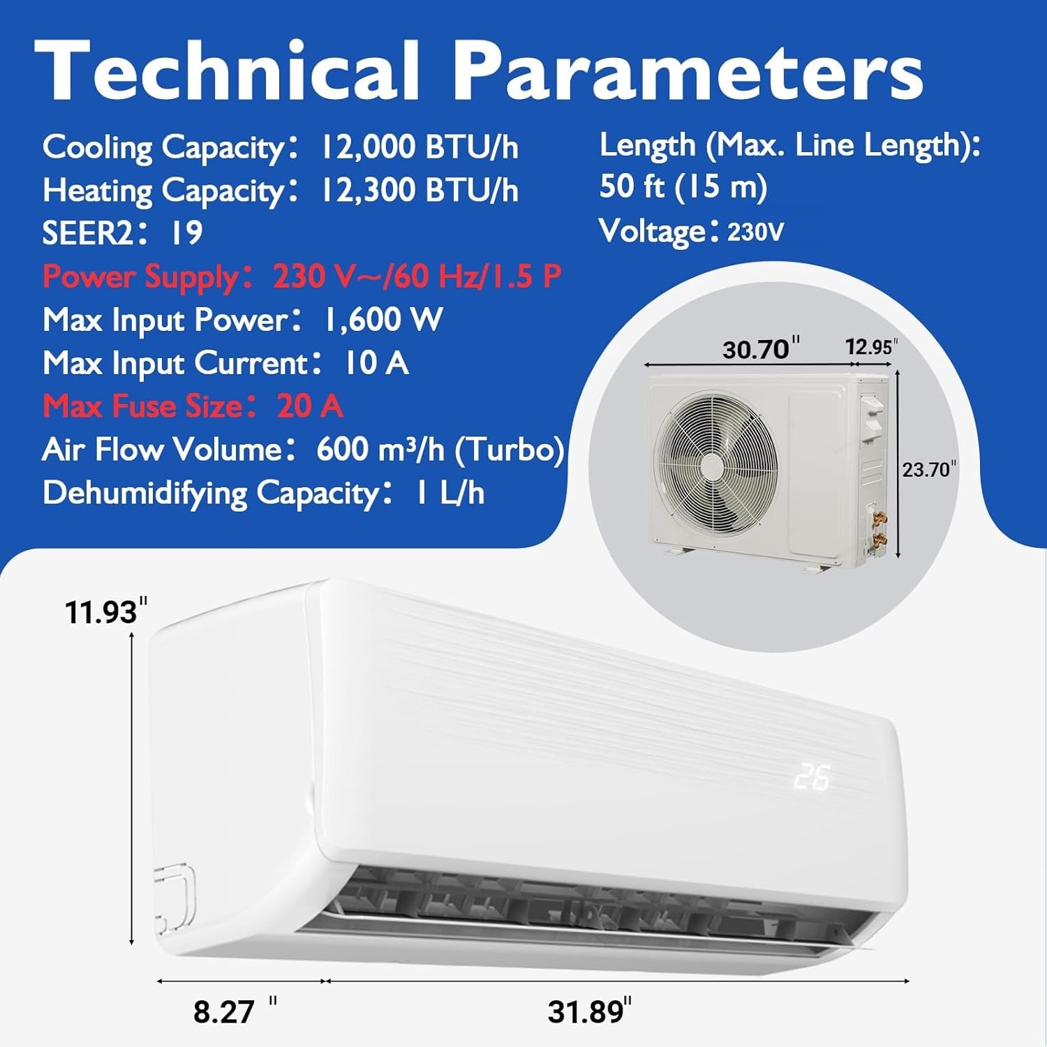 18000 BTU Mini Split Air Conditioner & Heater Pump System 19 SEER2 Ductless 230V