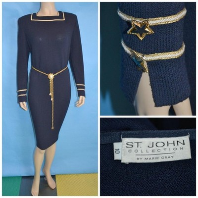 St John Collection Santana Knit Navy Blue Dress M L 10 12 Long-Sleeved Sheath