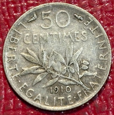 VINTAGE 1910 FRANCE SILVER 50 CENTIMES COIN-NOV364
